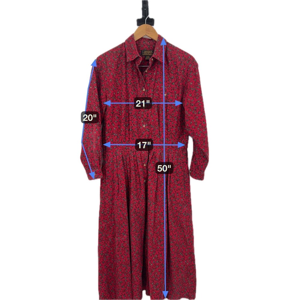 Eddie Bauer Corduroy Dress Women M Petite Red Floral Midi Prairie Cottagecore - Picture 4 of 12
